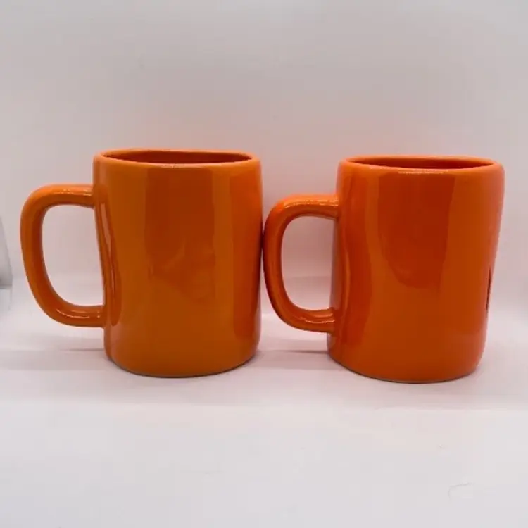 Pair of Rae Dunn Halloween Mugs "Spooky" & "Trick Or Treat" Orange Black