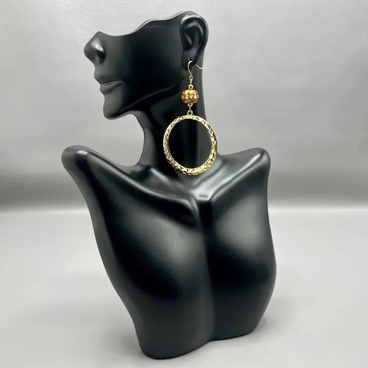 Gold Tone Hammered Hoop Dangle Earrings Orange Bead Charm 2.5" Drop Chic