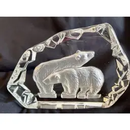 Heavy Large, Glass Polar Bears Paperweight Figurine ~5”x7”
