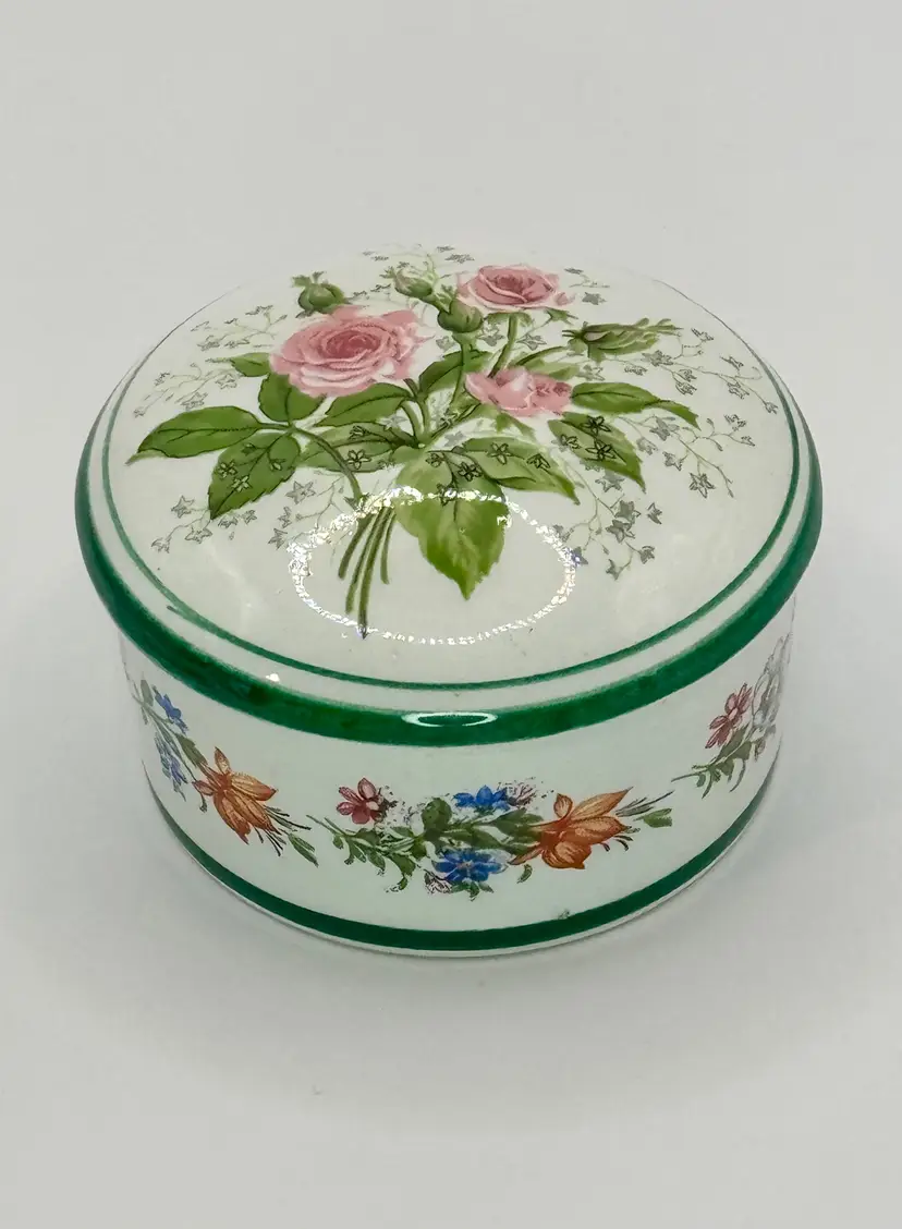 Vintage Italian Floral Porcelain Trinket Box, Rose Bouquet Lid Design with Green Trim, Collectible Keepsake, Signed By F. C., By Deruta, Made In Italy