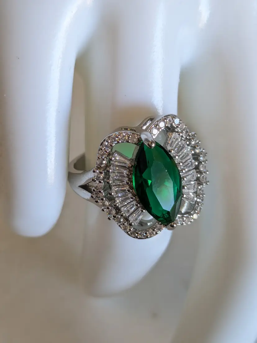 Silver Tone Emerald Color Marquise Cut CZ Statement Ring