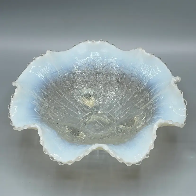 Antique Northwood Opalescent Glass Floral Poinsettia & Lattice Footed Ruffled Bowl