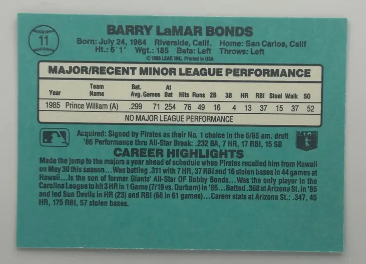 Barry Bonds 1986 Donruss The Rookies Card