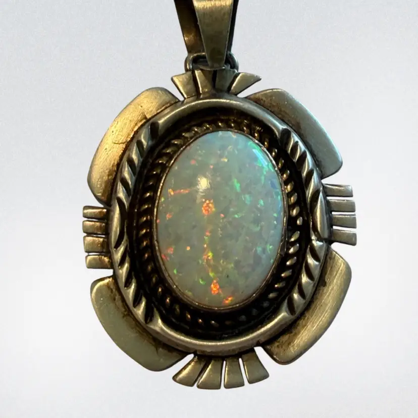 Charles Johnson Navajo Sterling Silver Opal Pendant Approx 2”