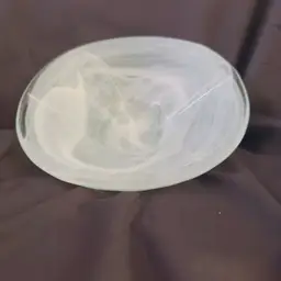 #1809 Pier 1, Imports, Aqua alabaster Recycled Glass, Square Bottom Base, Round Centerpiece Glass Bowl, white Swirl