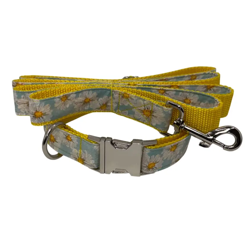 Dog Collar & Leash Yellow Daisy & Flower Print Large Handmade Heavy Duty Metal Buckle NEW