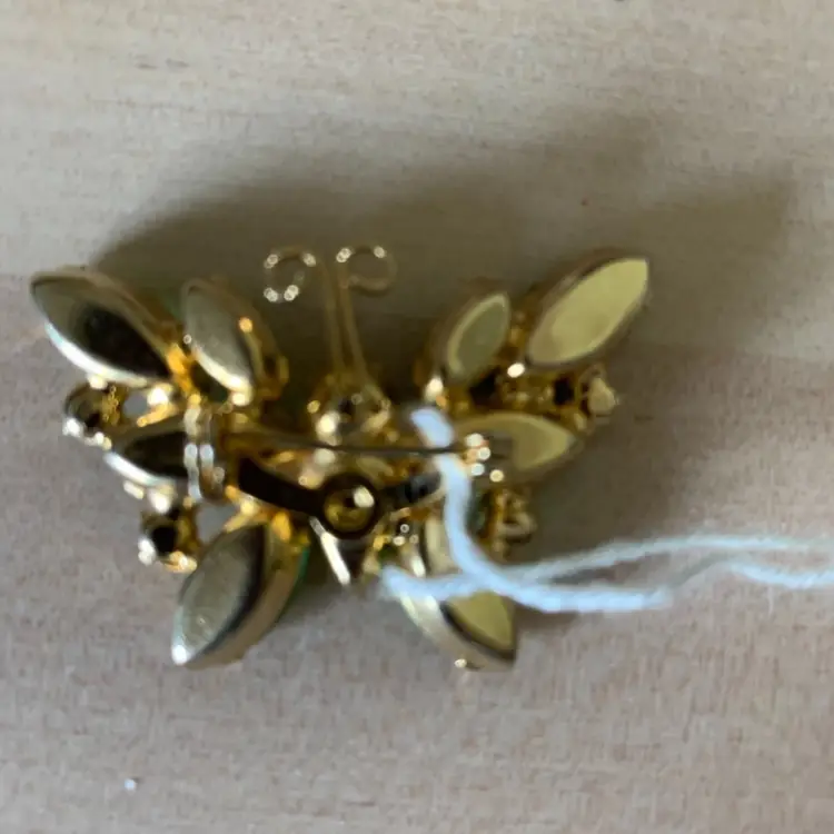 Juliana Small Butterfly With Green Navettes, Accented With Darker Green Rhinestones , And Textured  Gold Tone Antenna