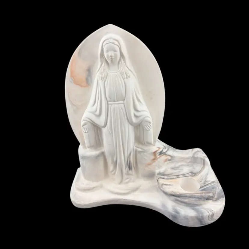 Vintage Stone/Plaster Our Lady Figurine With Water Font Or Candle Holder 8” Tall x 7.25” Long x 3.75” Wide
