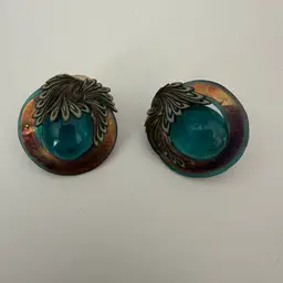 Clip On Blue Glass & Coper Toned Earrings