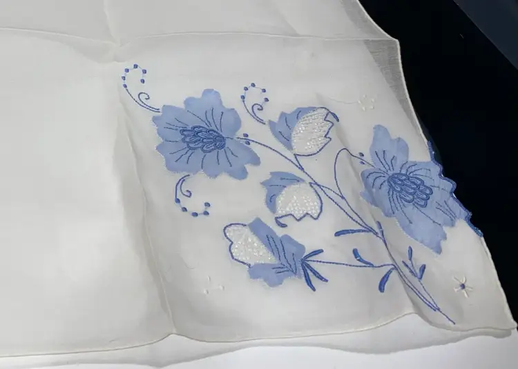 Blue Flowers Appliqué Cut Out Designs Sheer Handkerchief Hanky