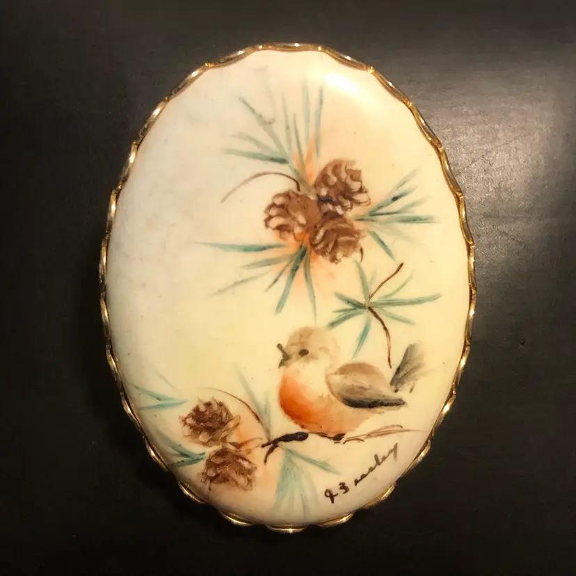 Vintage Hand-Painted Bird on Pinecone Branch Brooch