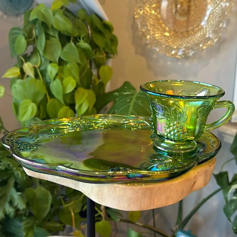 Green Carnival Glass Snack Set