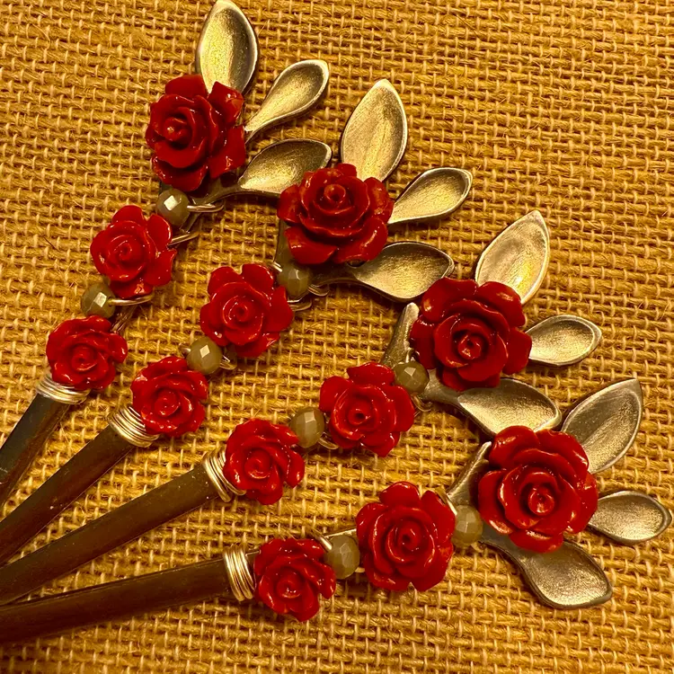 Red Roses 🌹 On Silver Spoons Hand Decorated By Me