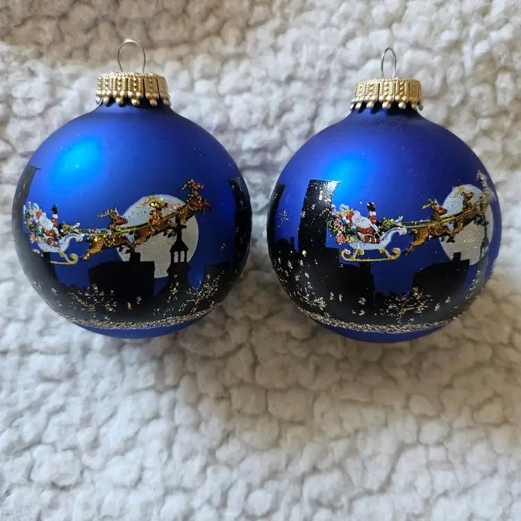 Christmas By Krebs Glass Ornaments Santa Flying Over A City Dark Blue Glittery