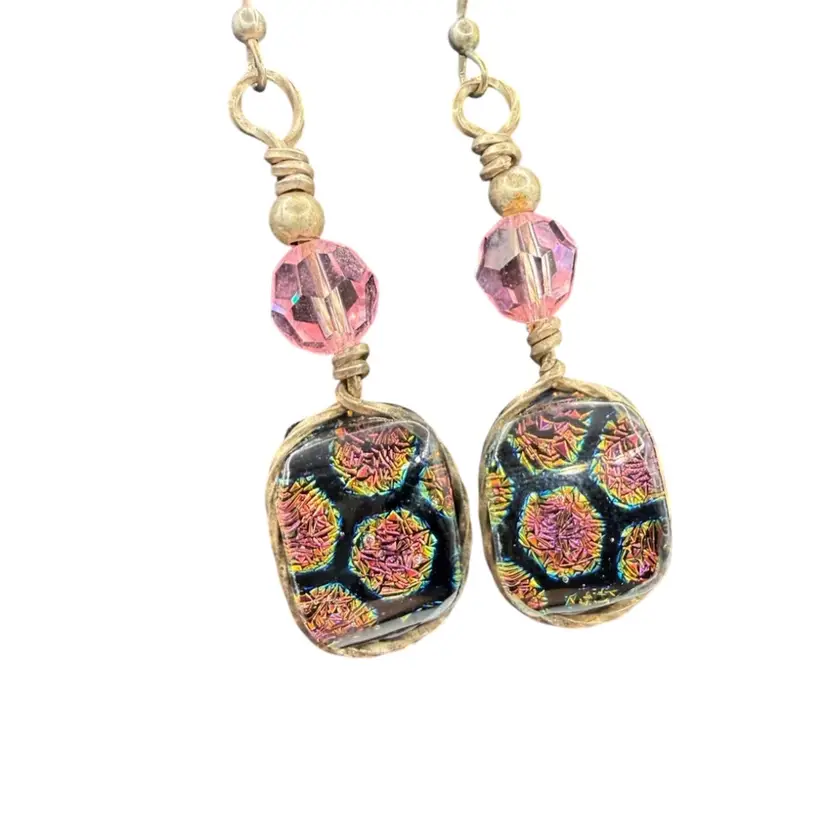 Sterling Silver Artisan Dichroic Glass Drop Pierced Earring - Pink