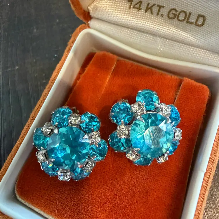 Blue Rhinestone Clip On Earrings