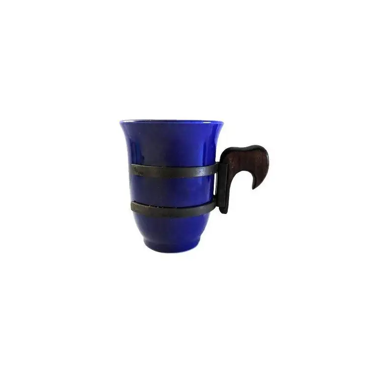 Vintage Cobalt Blue Artisan Ceramic Small Mug Cup with Removable Iron and Wood Handle