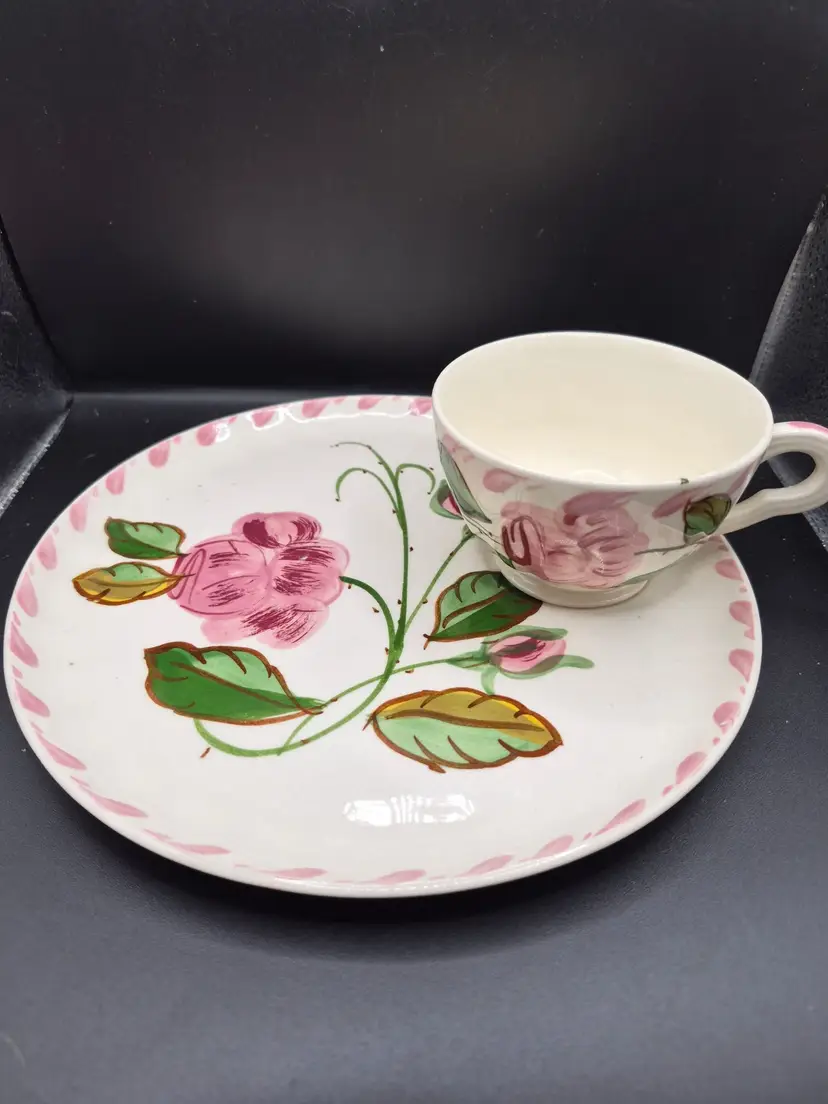 Blue Ridge Southern Potteries Hand-Painted Floral Cup Saucer Set - 7" Plate Cup