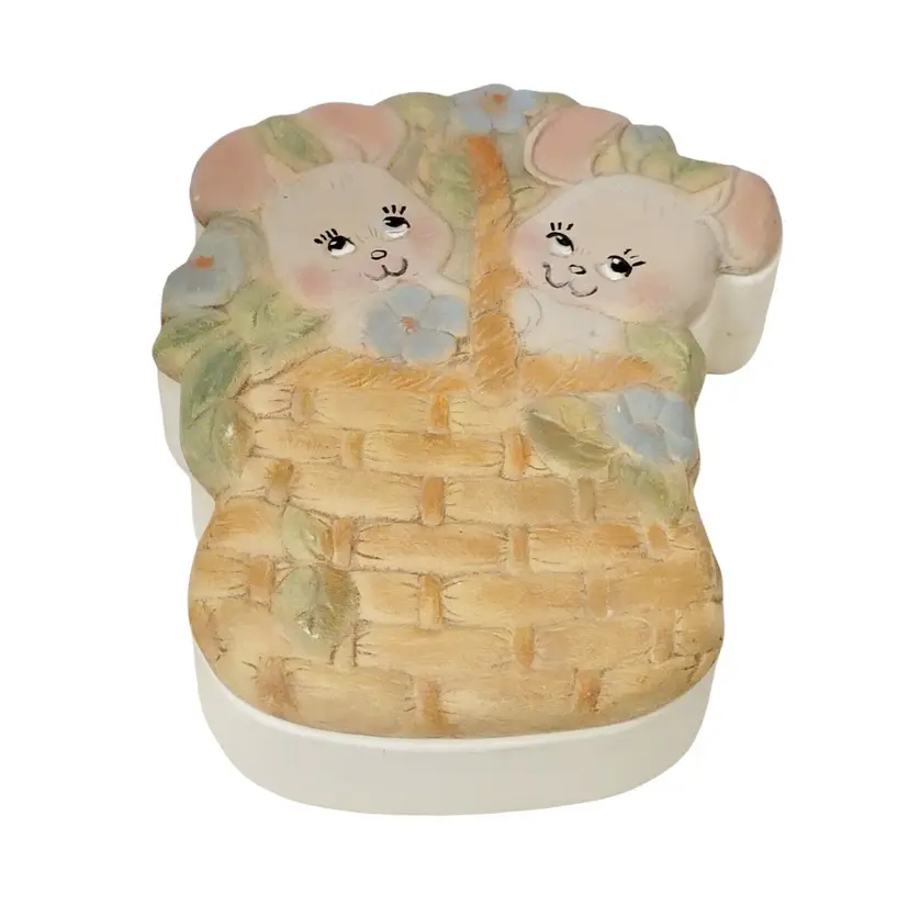 Vtg Bunnies Rabbit Easter Basket Ceramic Pottery Hand Paint Trinket Jewelry Box