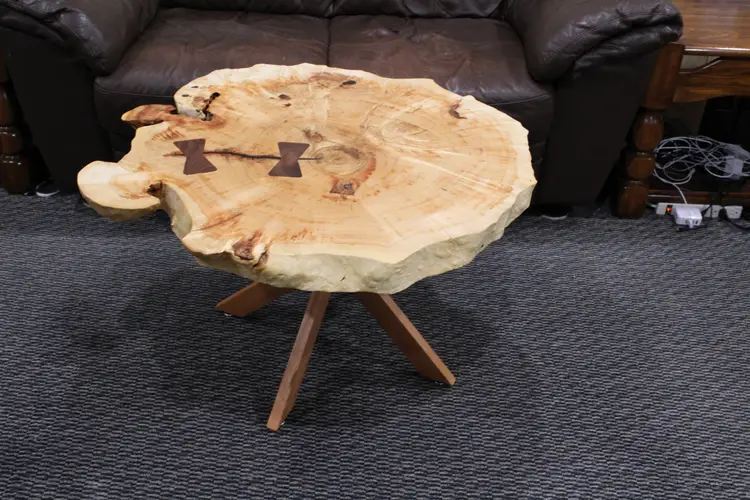 Live Edge Circular Maple Coffee Table with Walnut Bowties