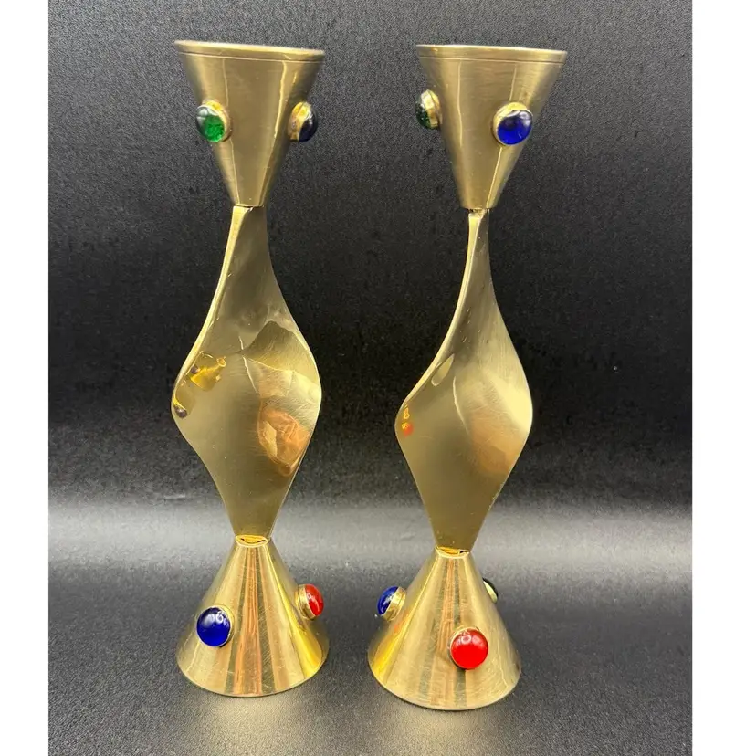 Judaica  Brass And Jeweled  Candlestick Holders