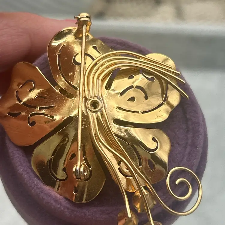 Vintage Coro Gold Tone Floral Brooch Teal Rhinestone Statement Pin Mid Century