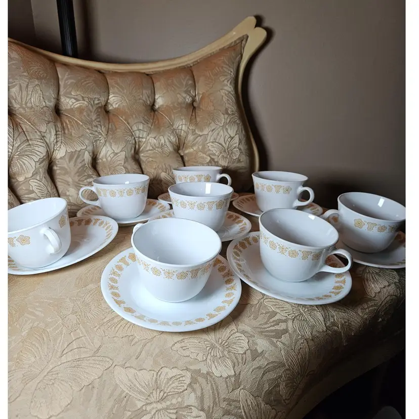 Vintage Corelle Butterfly Gold  Tea Cup and Saucer Set of 8
