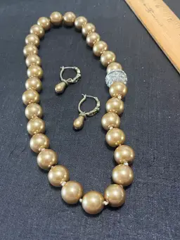 Large Golden Colored Glass Bead Necklace And Earring Set