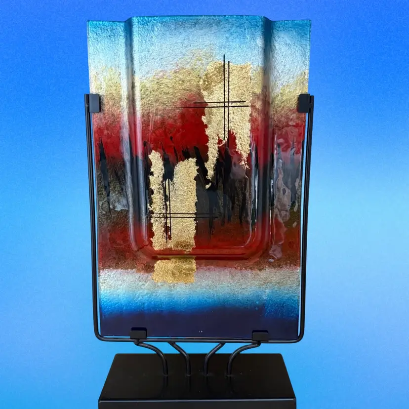 #01 Jasmine Fused Art Glass “Red Reflections” Series Rectangular Vase 18” x 10” x 4”