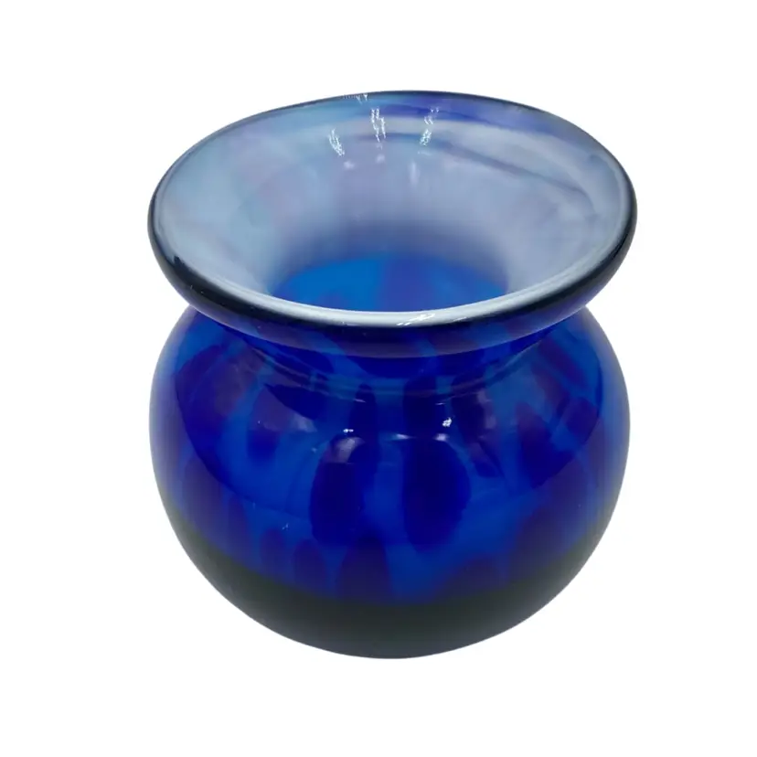 Hand-Blown Studio Glass Mini-Vase, Cobalt Blue Confetti, White Cased, 2.2"