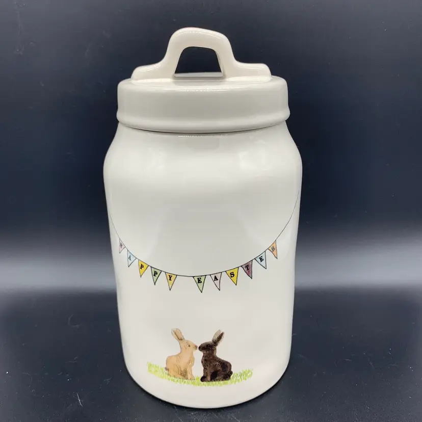 Happy Easter Banner Bunny Love Rae Dunn Canister Artisan Magenta 7.5”Tall White