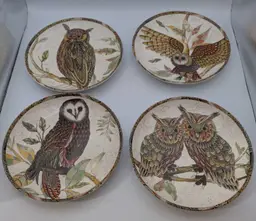 OWLS.  Rare Williams and Sonoma California Owl Appetizer Plates Set of 4