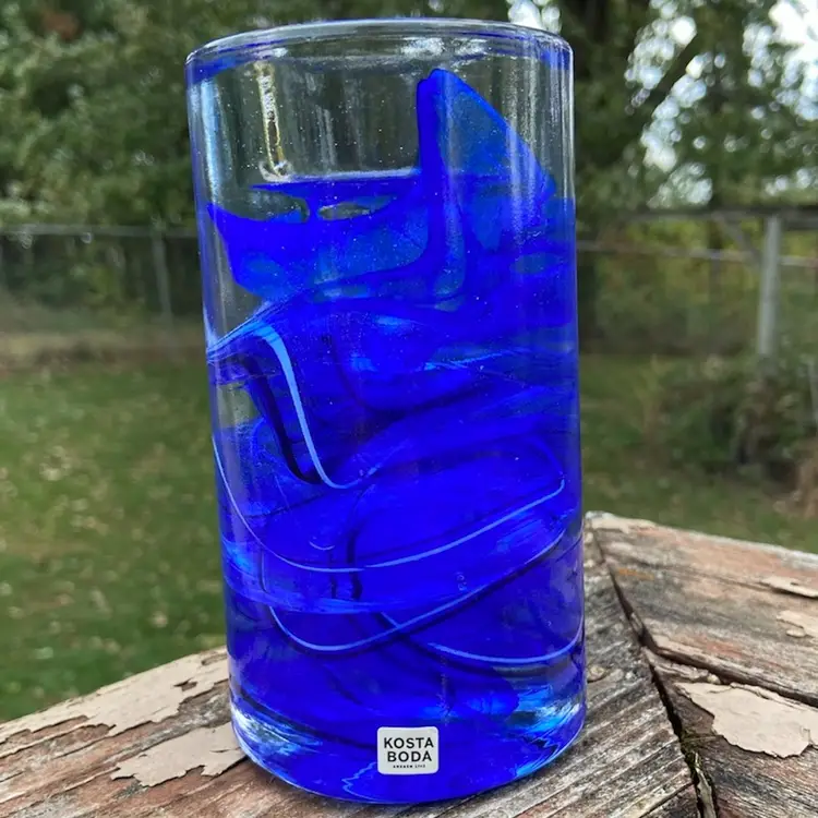 3.22 Pounds, Taper Candlestick Or Votive / Tea Light Holder. Hand-made Art Glass, Hues Of Cobalt Blues & White Swirl. Sticker: Kosta Boda Sweden 1742. 5 3/8”h x 2.75”w