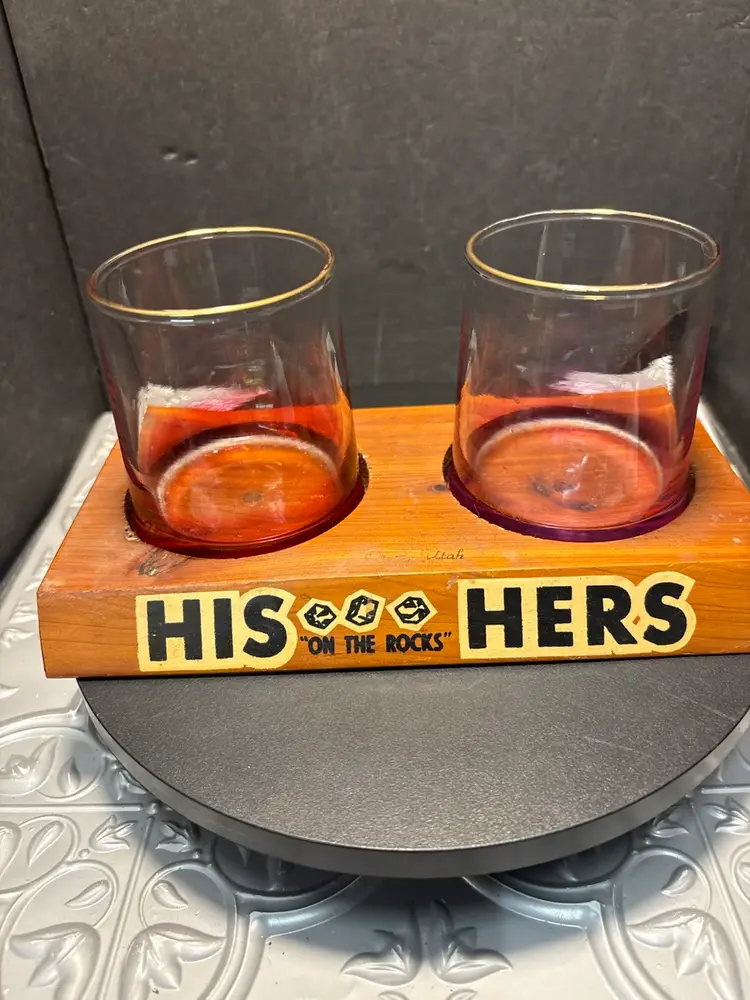 Vintage Bar Wear His N Hers Red N Purple Whiskey Glasses