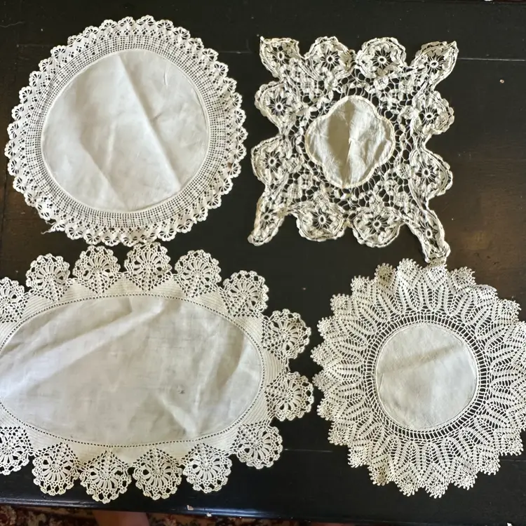 Mixed Lot of 4 Vintage Linen Centered Hand Crocheted Lace Edged Doilies #54