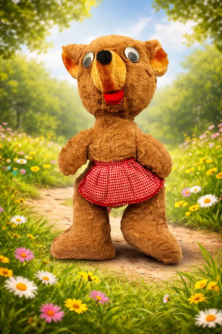 Vintage Animal Farm Plush Bear Red Gingham Apron - Made in Minneota - Stuffed Plush Toy