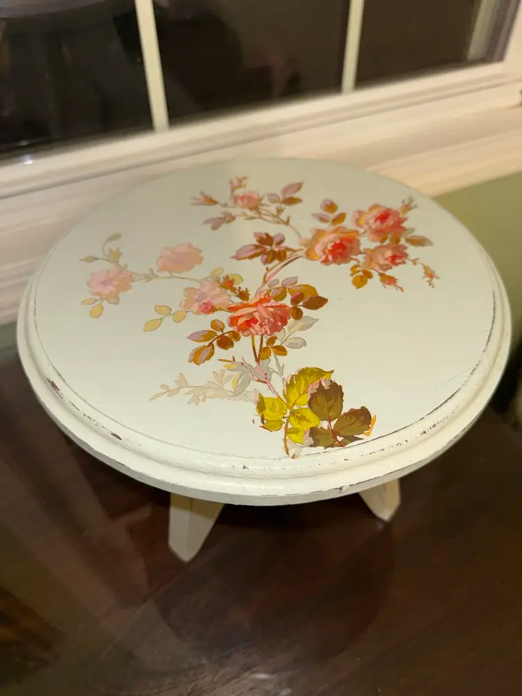 Vintage Wood Hand-painted footstool with Floral Design; french country