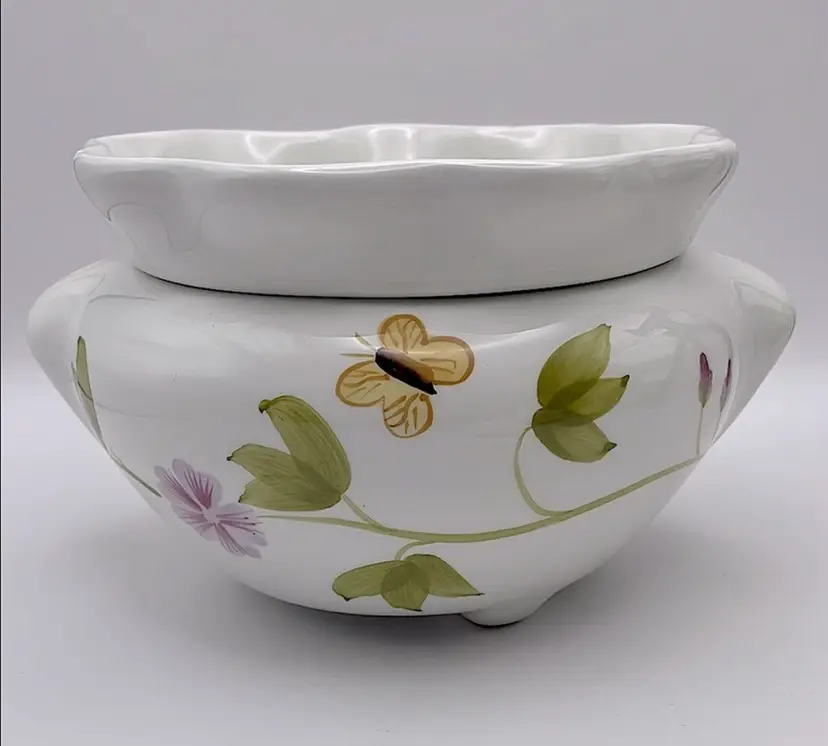 African Violet, 2 Piece, Hand-painted, Ceramic Planter, Butterflies/Florals/Leaves