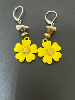 73) Yellow Flower Dangle Leverback Earrings
