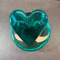 Fire And Light Aqua Glass Heart & Disc Paperweight Candle Holder Signed 2000