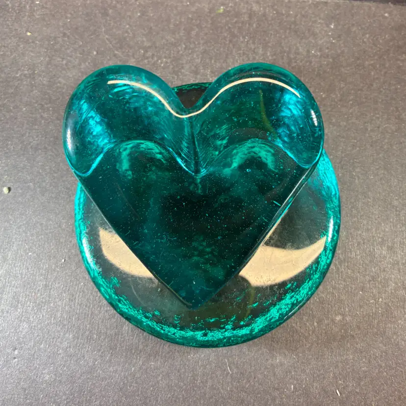 Fire And Light Aqua Glass Heart & Disc Paperweight Candle Holder Signed 2000