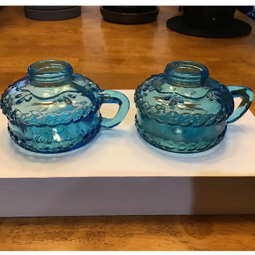Two Small Blue Glass Oil Lamps