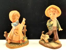 #01 - Set of 2 Vintage Napcoware Boy And Girl Figurines with Guitar, Bird, Puppy Dog