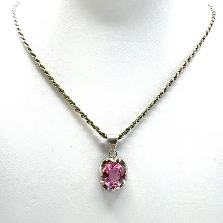 Vintage Pink Glass Sterling Silver Pendant Necklace, Italy 925, 20 Inch Chain