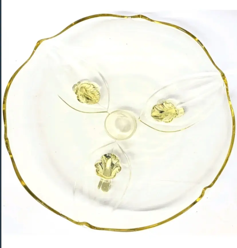 Dainty Lancaster Depression Glass Petal Topaz (Yellow) Three Footed, Sandwich/Cake Plate