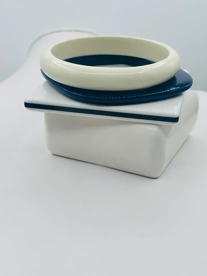 Vintage Set Of 4 Navy And White Bangle Bracelets Square And Round In Shapes