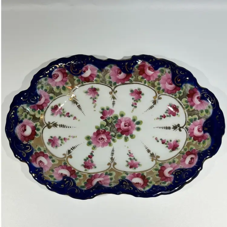 Vintage Kutani -Porcelain Serving Platter/Dish – Hand-Painted Roses- Cobalt & Gold- 9” x 6.5”