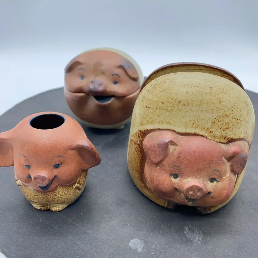 #5009 Vintage UCTCI Japan stoneware pig-shaped Breakfast Set. Napkin Holder, Toothpick Holder And Butter Dish.