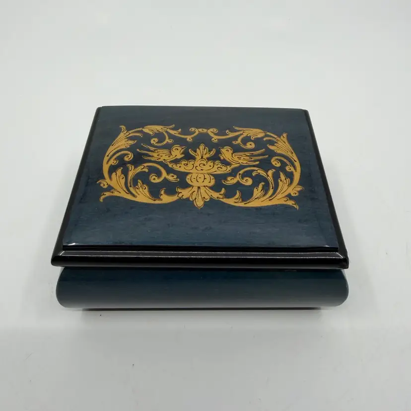 Italian Blue Wood Inlay Velvet Lined Jewelry Box 4.25”