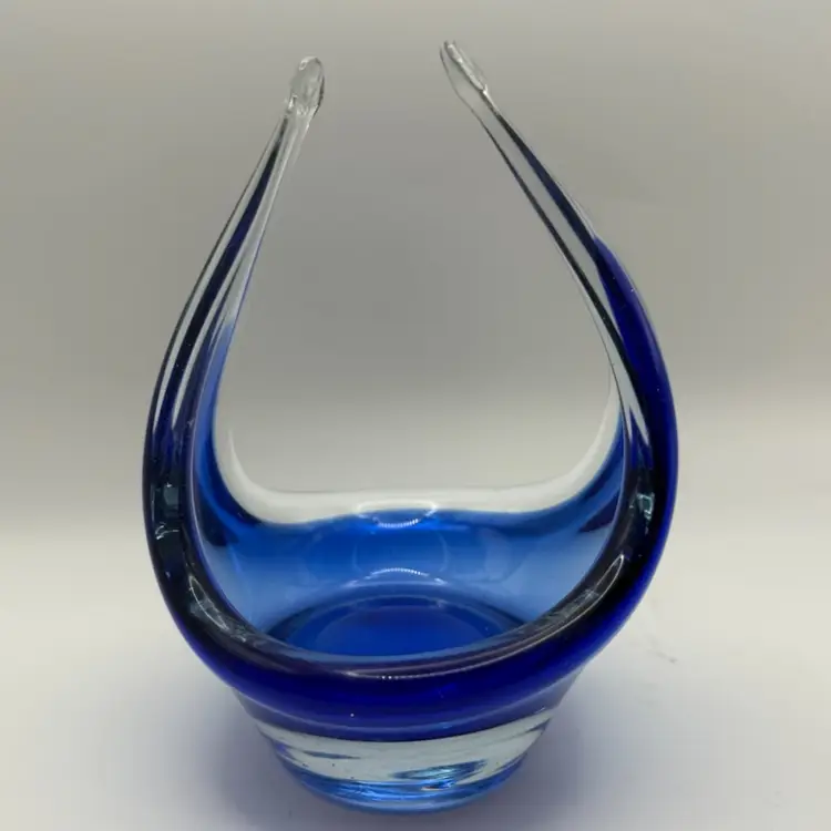 Mid-Century Swirling Blue And Clear Art Glass Basket/Bowl